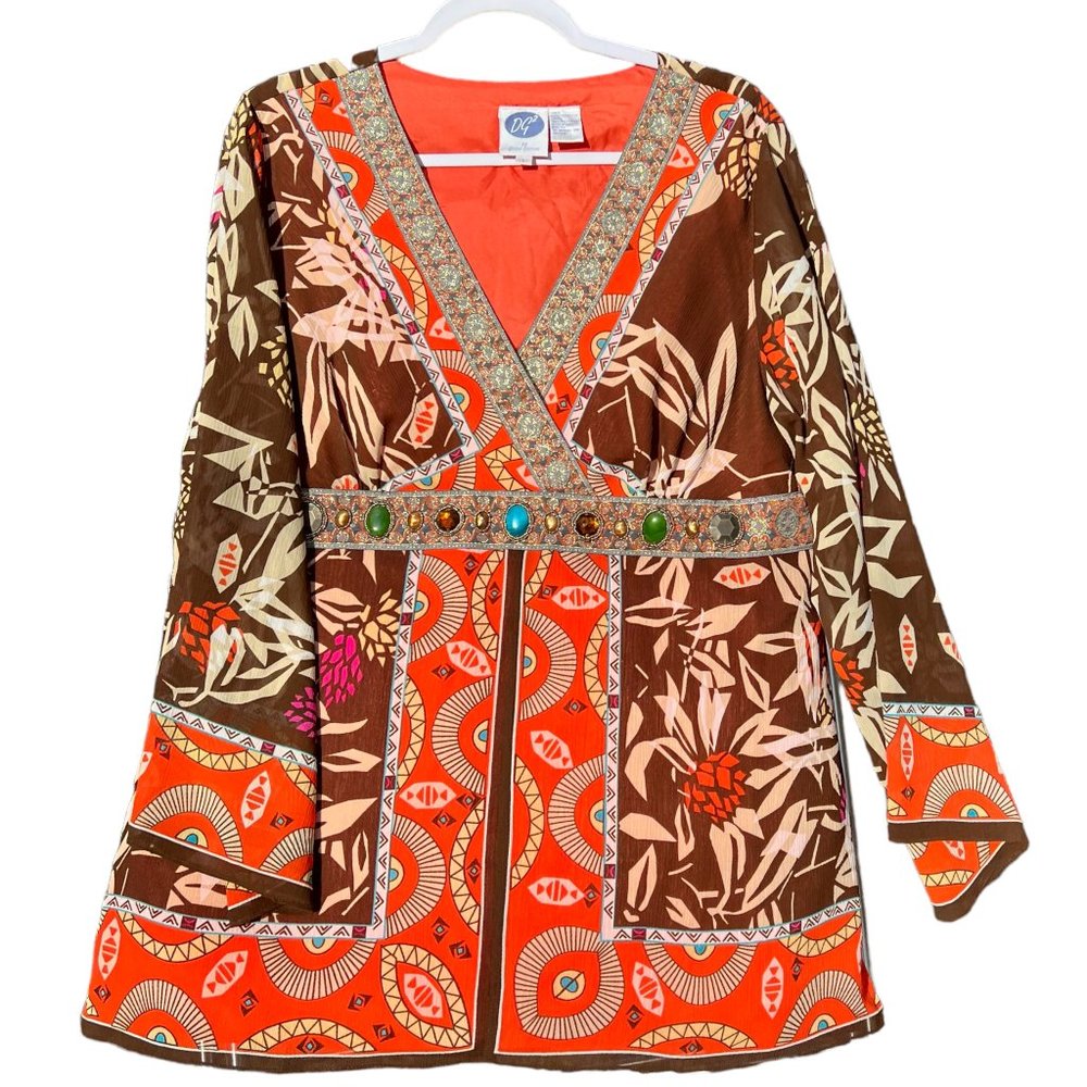 DG2 by Diane Gilman Bejeweled Pullover Tunic Blouse Long Sleeve 3D Stones